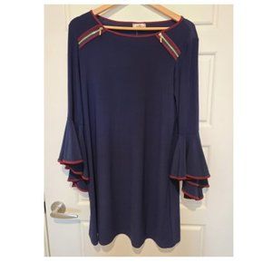 Navy Bell Sleeve Pom Trim A-Line Dress